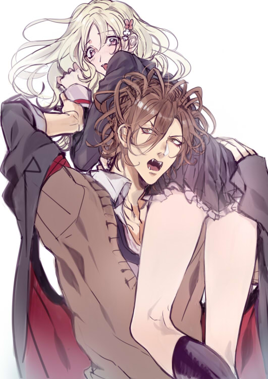 1boy, 1girl, blonde_hair, blush, brown_eyes, brown_hair, calf_socks, carrying