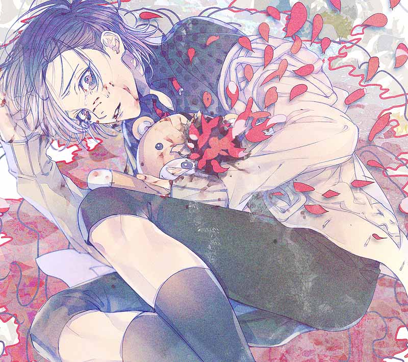 1boy, bags_under_eyes, blood, bow, bowtie, calf_socks, capri_pants, diabolik_lovers, looking_at_viewer, open_mouth, otsukaresanpo, pants, petals, purple_hair, realistic, sakamaki_kanato, socks, solo, stuffed_animal, stuffed_toy, sweater, tears, teddy_(diabolik_lovers), teddy_bear, unbuttoned, violet_eyes