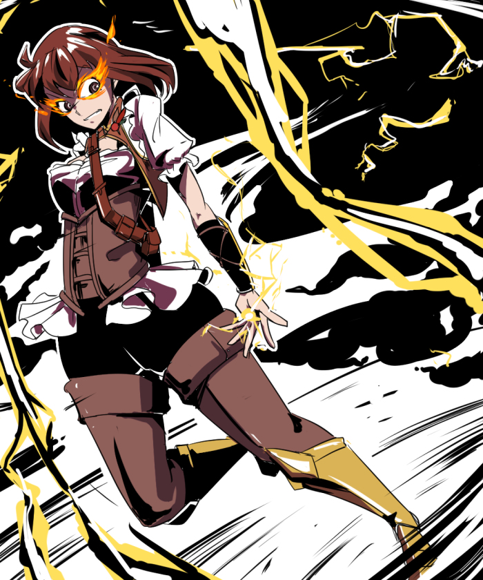 1girl, amber_(rwby), angry, brown_hair, lightning, pixiv_manga_sample, rwby