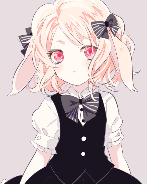 1girl, alternate_costume, amo_(yellowpink_a), animal_ears, blonde_hair, blush, bow, bowtie, child, diabolik_lovers, flat_chest, hair_bow, hair_ornament, komori_yui, looking_at_viewer, rabbit_ears, red_eyes, simple_background, skirt, small_breasts, solo, younger