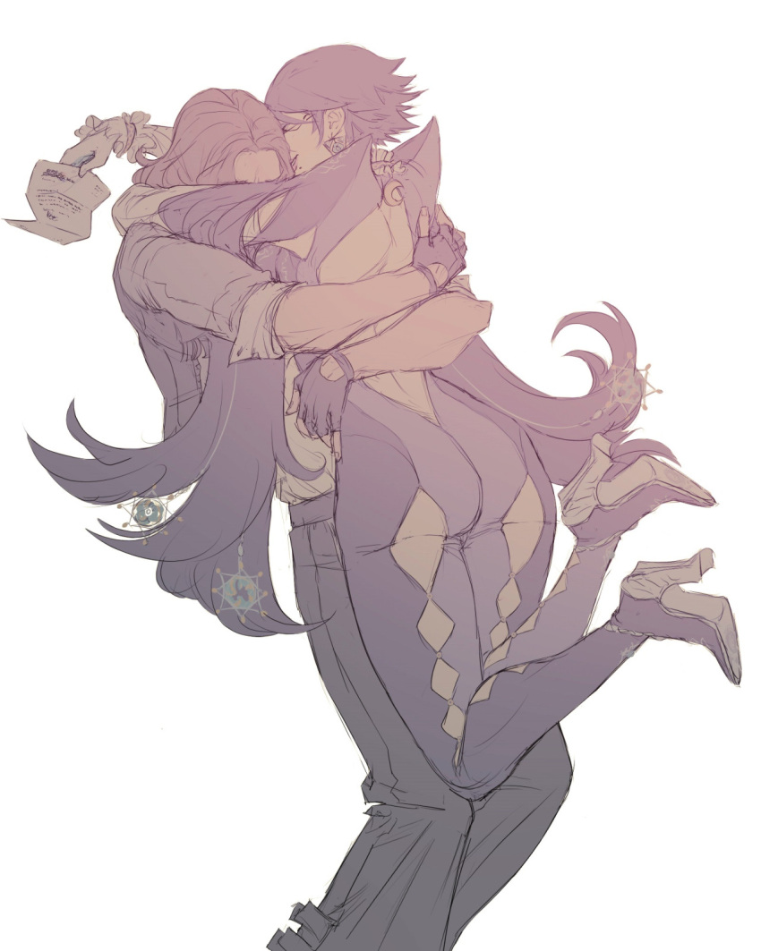 1boy, 1girl, artist_request, bayonetta, bayonetta_(character), bayonetta_2, fingerless_gloves, gloves
