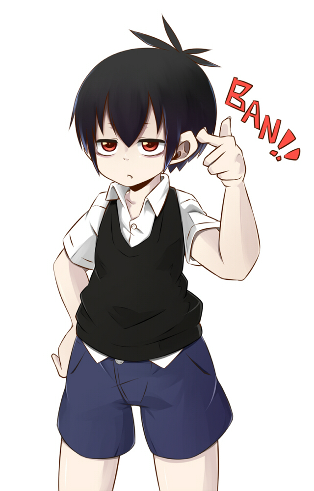 1boy, black_hair, blood_lad, child, gesture, hand_on_hip, red_eyes, shorts, shota, simple_background, solo, vlad_charlie_staz, white_background, younger