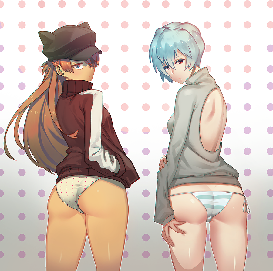 2girls, ass, ayanami_rei, back_cutout, backless, blue_hair, evangelion:_3.0_you_can_(not)_redo, eyepatch, gkfkqkch1, jacket, looking_back, multiple_girls, neon_genesis_evangelion, no_pants, panties, polka-dot_panties, rebuild_of_evangelion, redhead, short_hair, souryuu_asuka_langley, striped, striped_panties, sweater, underwear