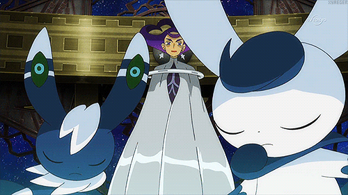 1girl, animated, animated_gif, blue_sclera, gojika_(pokemon), green_eyes, meowstic, pokemon