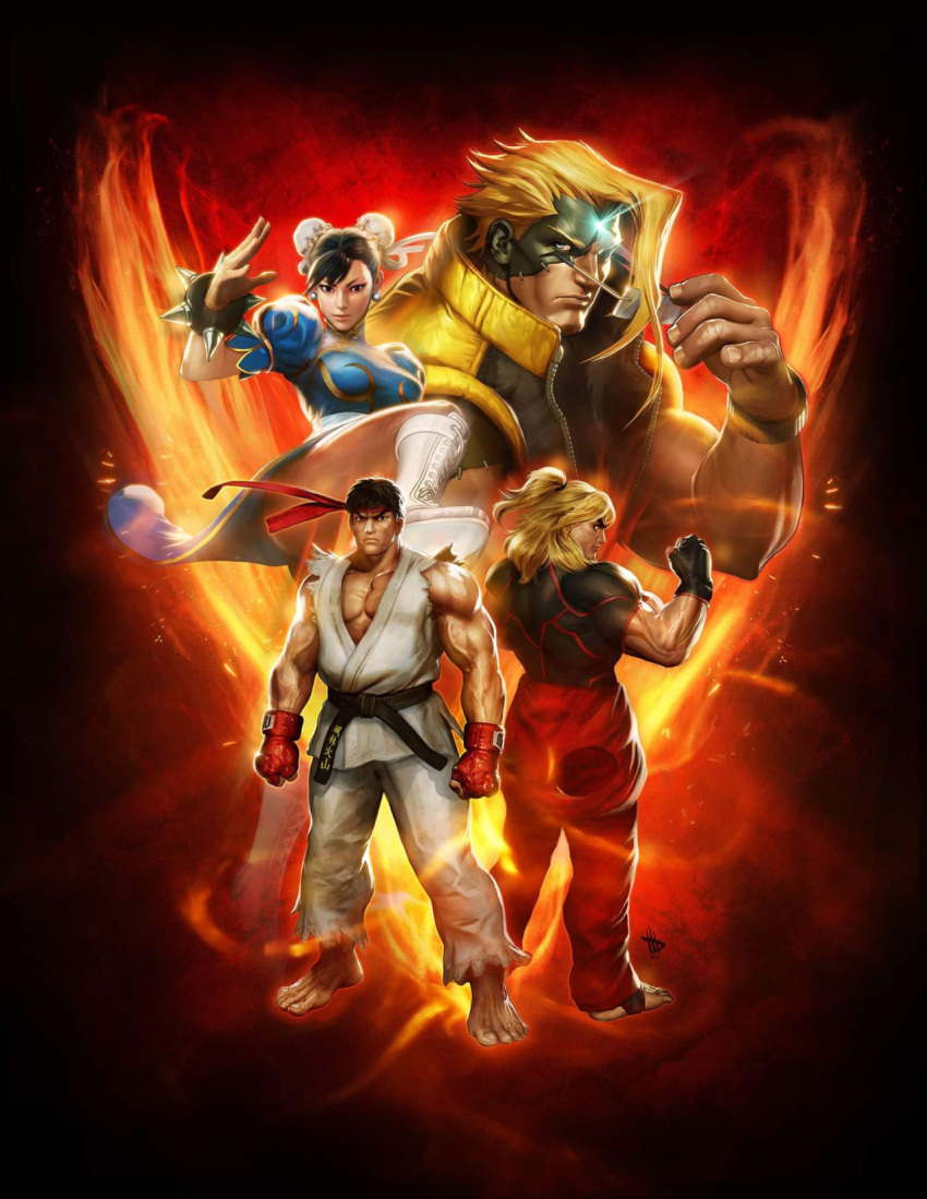 1girl, 3boys, blonde_hair, charlie_nash, chun-li, dave_wilkins, dougi, forehead_jewel, glasses, glasses_removed, ken_masters, multiple_boys, official_art, ryuu_(street_fighter), stitches, street_fighter, street_fighter_v, vest