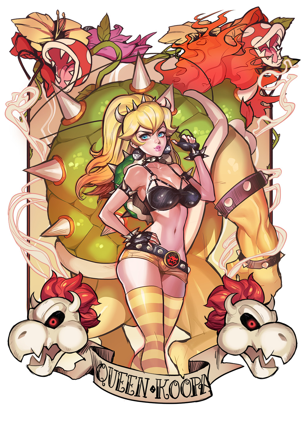 1boy, 1girl, blonde_hair, bowser, chain_chomp, dry_bowser, fingerless_gloves, gloves