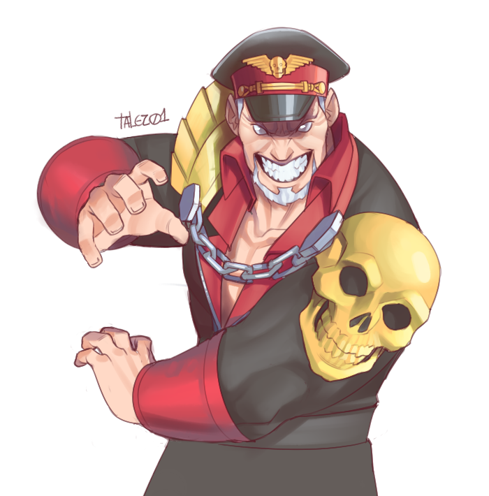 1boy, alternate_costume, beard, capcom, empty_eyes, evil_grin, evil_smile, facial_hair