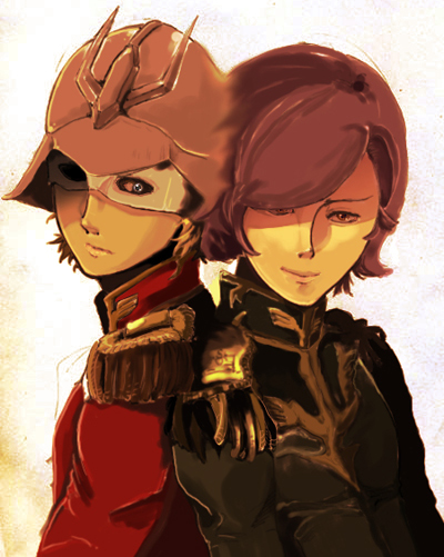 2boys, artist_request, char_aznable, garma_zabi, gundam, helmet, mask, miltary_uniform, mobile_suit_gundam, multiple_boys, uniform