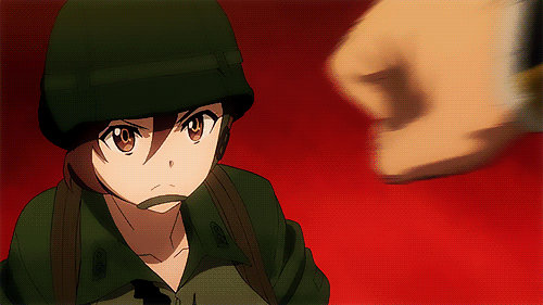 1boy, 1girl, animated, animated_gif, blonde_hair, gate_-_jieitai_ka_no_chi_nite_kaku_tatakaeri, kuribayashi_shino, punch