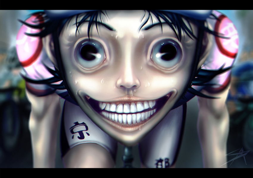 1boy, bicycle_helmet, black_eyes, black_hair, crazy, creepy, helmet, highres