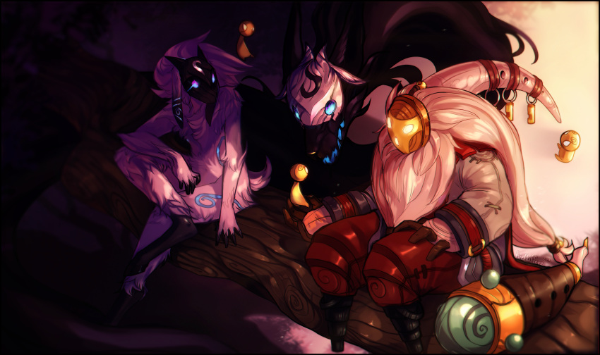1boy, 1girl, bard_(league_of_legends), branch, dark_background, fireflufferz, glowing, glowing_eyes