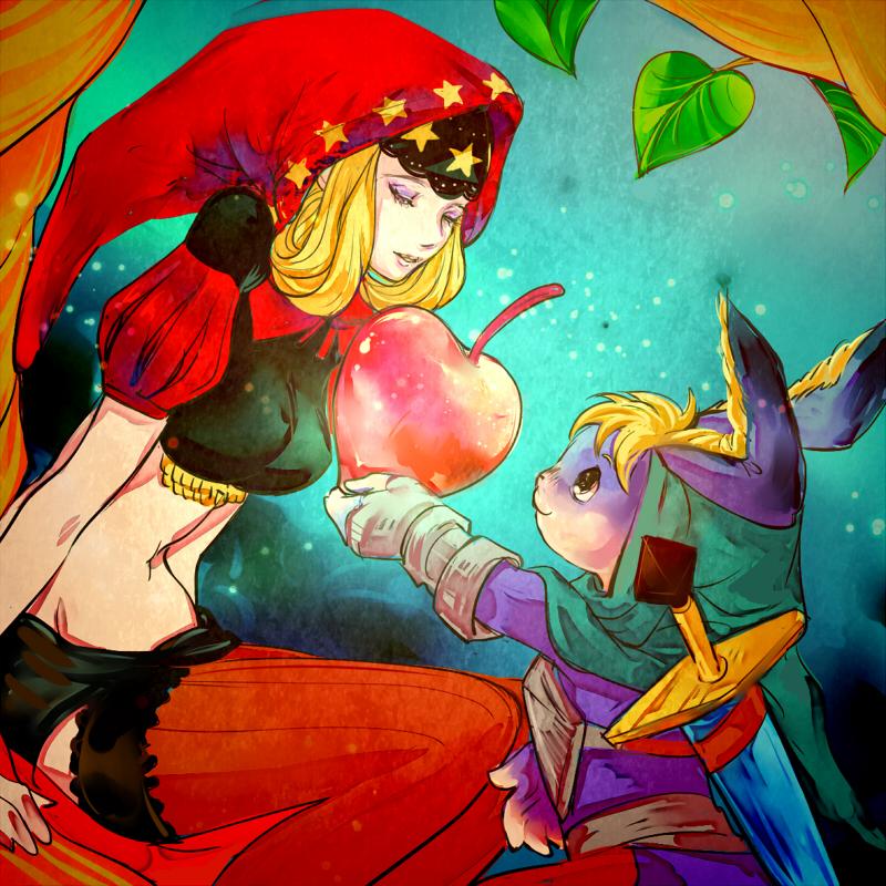 1boy, 1girl, animal_ears, apple, artist_request, blonde_hair, branch, cornelius_(odin_sphere)