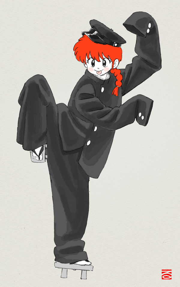 1girl, :p, braid, full_body, genderswap, grey_background, hat, lucille, ranma-chan, ranma_1/2, redhead, saotome_ranma, simple_background, single_braid, solo, standing, standing_on_one_leg, tongue, tongue_out