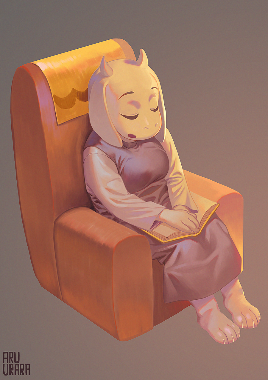 1girl, artist_name, aruurara, book, chair, closed_eyes, english, furry, open_mouth, sheep, signature, sleeping, solo, toriel, undertale