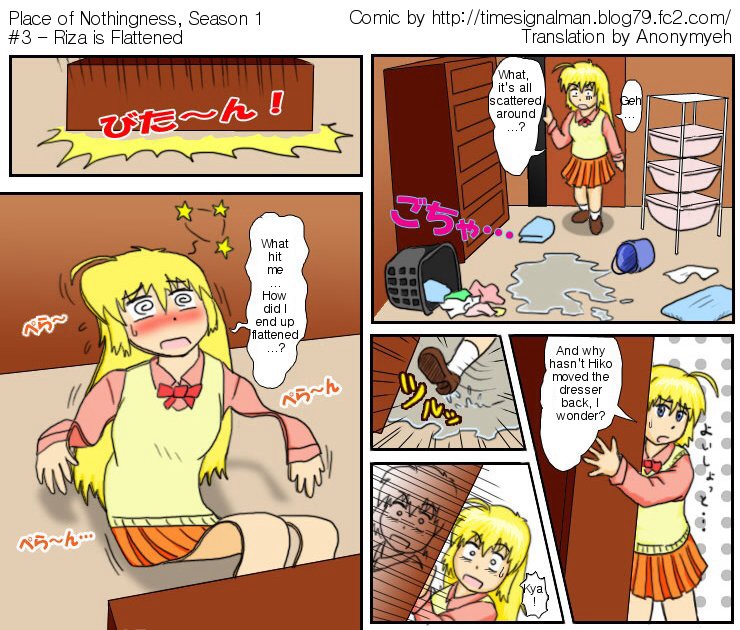 1girl, ahoge, bangs, blonde_hair, blue_eyes, blush, bow, bowtie, comic, english, flattened, open_mouth, place_of_nothingness, riza_(place_of_nothingness), sidelocks, skirt, solo, sweatdrop, timesignalman, transformation