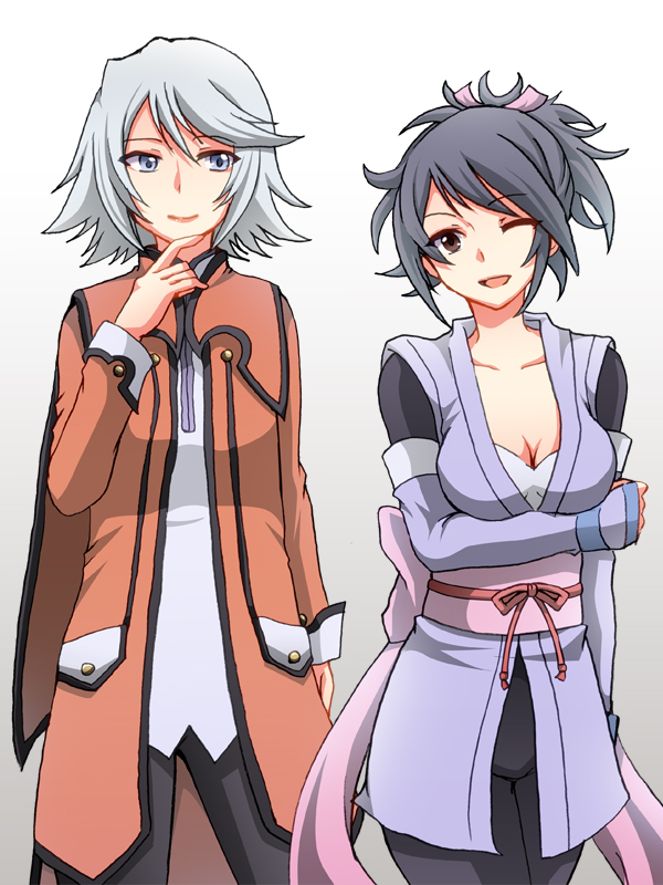 2girls, black_hair, blue_eyes, bra, breasts, brown_eyes, capelet, cleavage