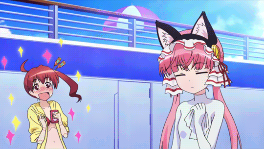 >_<, 2girls, animal_ears, animated, animated_gif, bikini, blush, cat_ears