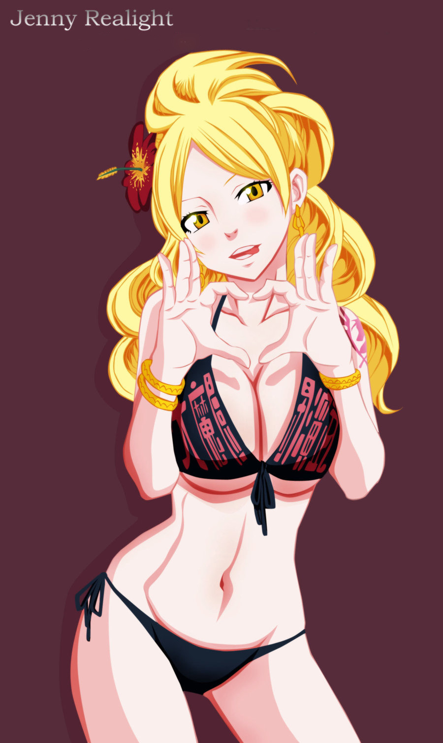 1girl, bikini, blonde_hair, blush, breasts, cleavage, fairy_tail, female, hair_ornament, jenny_realight, large_breasts, long_hair, looking_at_viewer, navel, open_mouth, solo, swimsuit, tongue, tongue_out, yellow_eyes
