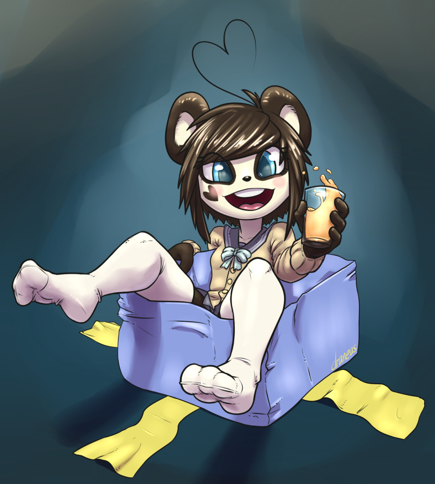 1girl, blue_eyes, kenny_(ken_ashcorp), legwear, looking_at_viewer, panda, smile, white_legwear
