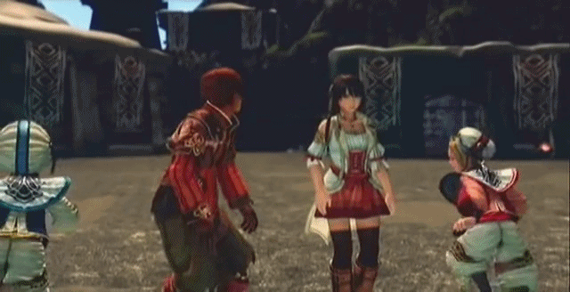 2boys, 2girls, 3d, animated, animated_gif, aya_(infinite_undiscovery), blonde_hair, boots, brother_and_sister, brown_hair, capell, coat, dancing, dinner_dance, dress, hat, infinite_undiscovery, multiple_boys, multiple_girls, pants, redhead, rico_(infinite_undiscovery), rucha_(infinite_undiscovery), short_hair, siblings, subtitled, thigh-highs, twins