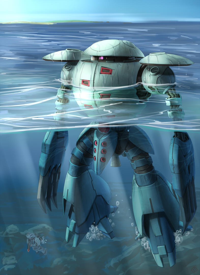 bubble, gundam, gundam_zz, kapool, mecha, ocean, raybar, sky, underwater, water, zaku, zaku_mariner