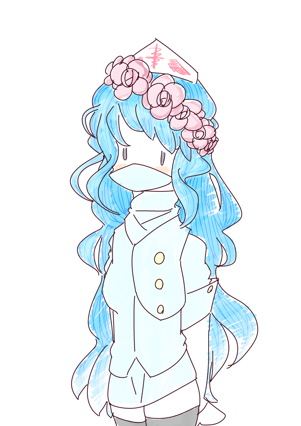 1girl, blue_hair, cure-chan, female, flower_crown, hat, long_hair, nurse