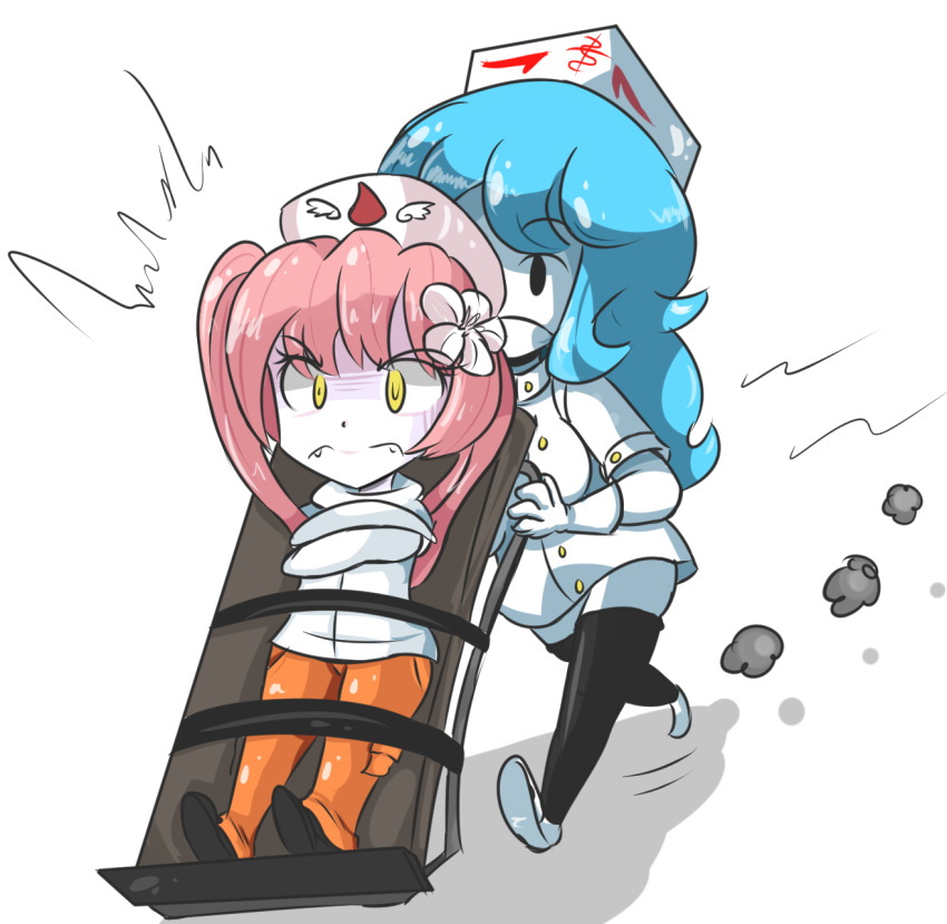 angry, blue_hair, cure-chan, ebola-chan, flower, hat, nurse, nurse_cap, pink_hair, rolling_away, straitjacket