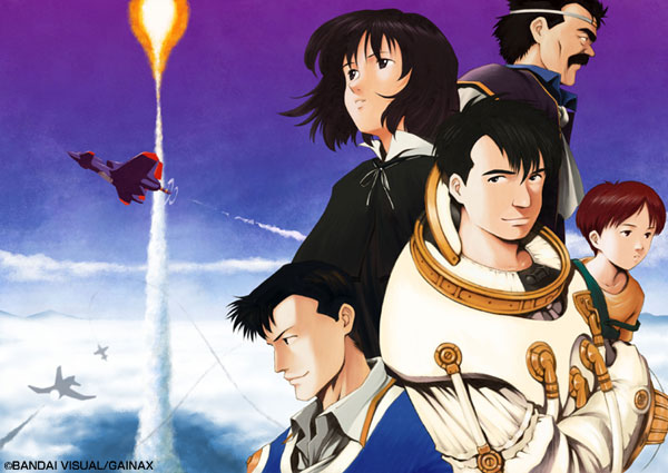 2girls, 3boys, airplane, black_hair, brown_eyes, character_request, facial_hair, honneamise_no_tsubasa, mana_nonderaiko, multiple_boys, multiple_girls, riquinni_nonderaiko, shirotsugh_lhadatt, short_hair, smoke, spacesuit