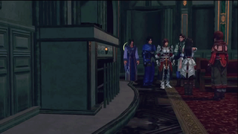 2girls, 3d, 5boys, animated, animated_gif, aya_(infinite_undiscovery), bare_shoulders, bouncing_breasts, breasts, brown_hair, capell, cleavage, cup, detached_sleeves, dress, edward_(infinite_undiscovery), eugene_(infinite_undiscovery), female, glasses, infinite_undiscovery, large_breasts, michelle_(infinite_undiscovery), multiple_boys, multiple_girls, savio_(infinite_undiscovery), sigmund_(infinite_undiscovery), smile, solo_focus, subtitled, tray