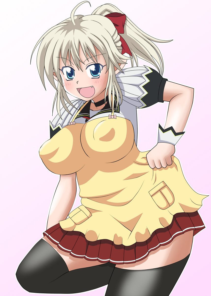 1girl, ahoge, apron, blue_eyes, blush, breasts, choker, erect_nipples