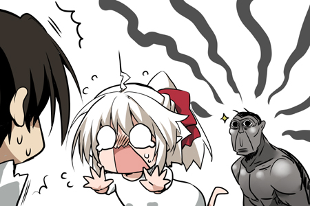 1girl, 2boys, ahoge, black_eyes, black_hair, character_request, fino_bloodstone, grey_skin