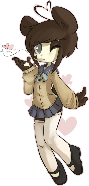 1girl, artist_request, blue_skirt, full_body, heart, kenny_(ken_ashcorp), legwear, looking_at_viewer, miniskirt, panda, pleated_skirt, simple_background, skirt, white_background, white_legwear, wink
