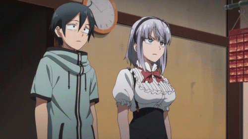 +_+, 1girl, 2boys, animated, animated_gif, brown_hair, dagashi_kashi, fighting_stance, multiple_boys, nail_polish, purple_hair, shidare_hotaru, shikada_kokonotsu, shikada_you