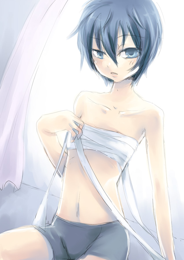 androgynous, bandage, bandages, blue_eyes, blue_hair, breast_bind, harald, negi_hei, persona, persona_4, reverse_trap, sarashi, shirogane_naoto, solo