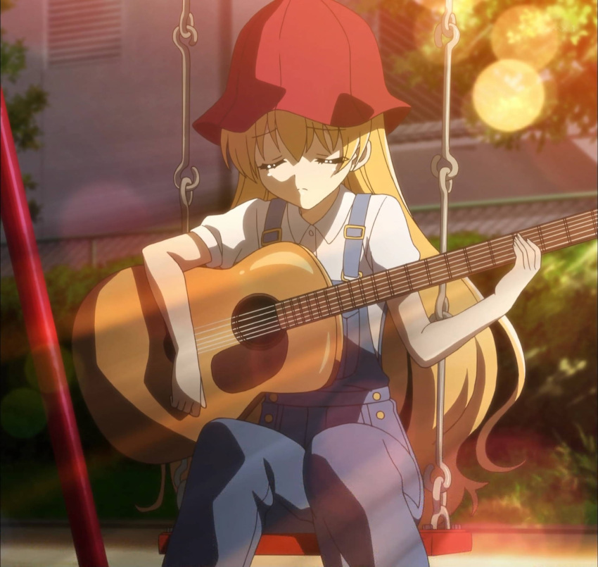 1girl, acoustic_guitar, amagi_marine, guitar, highres, instrument, screencap, sunset