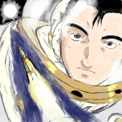 1boy, black_hair, honneamise_no_tsubasa, male_focus, rocket, shirotsugh_lhadatt, solo, upper_body