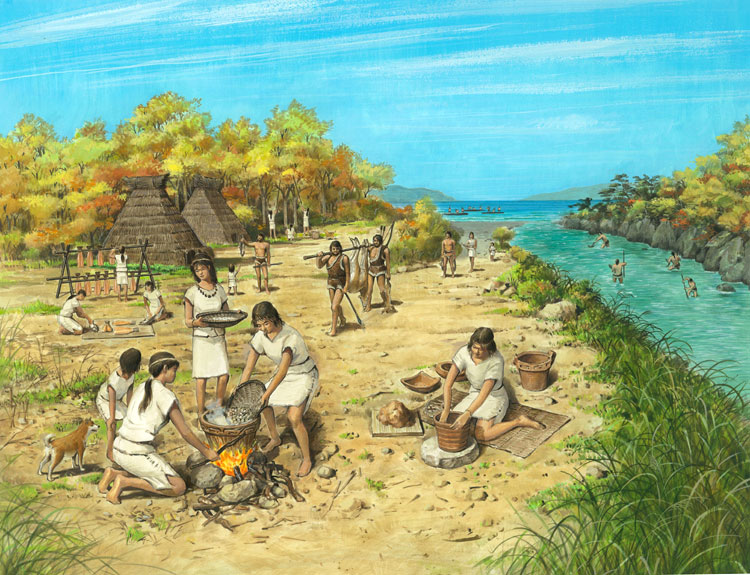 animal, barefoot, black_hair, dog, fire, fish, grass, jomon_period