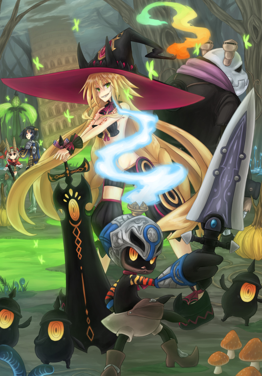 2boys, 2girls, armor, armored_dress, bag, black_hair, black_legwear, blonde_hair