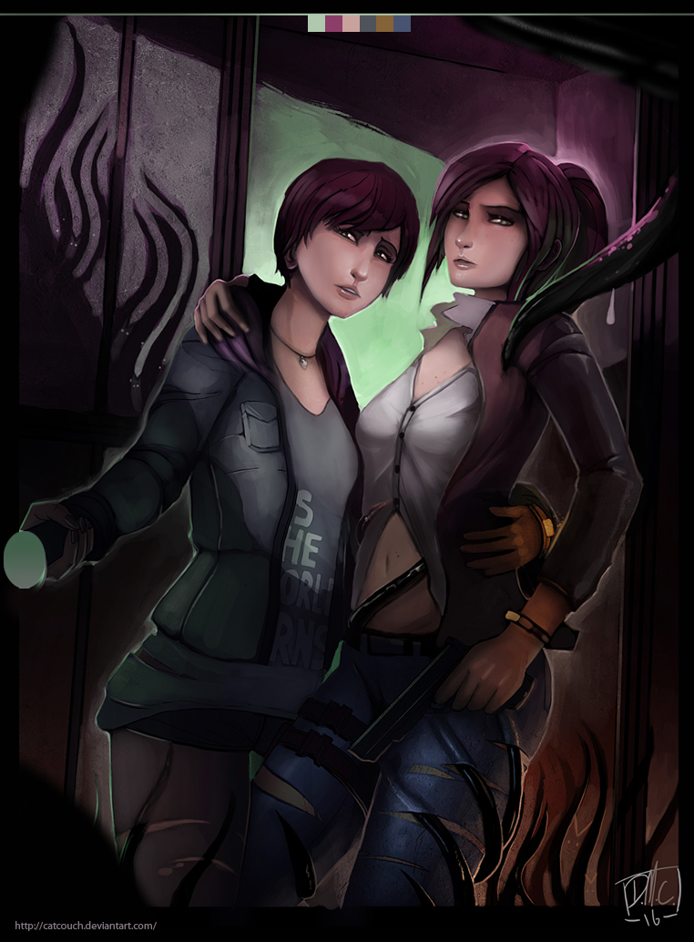 2girls, capcom, catcouch, claire_redfield, flashlight, gun, handgun, hood