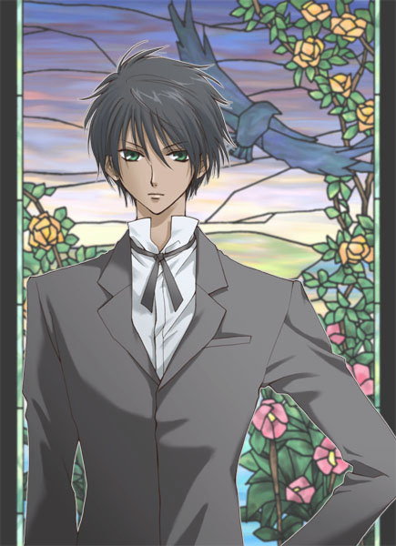 bird, black_hair, dark_skin, formal, glowing_eyes, green_eyes, hakushaku_to_yousei, hakushaku_to_yousei_(earl_and_fairy)
