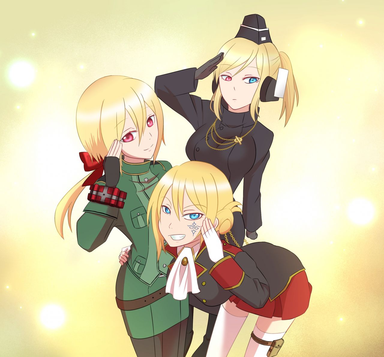 3girls, armlet, belt, blonde_hair, blue_eyes, boots, crossover, facial_tattoo