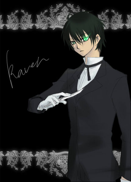 black_hair, blade, glowing_eyes, green_eyes, hakushaku_to_yousei_(earl_and_fairy), male, raven_(earl_and_fairy)