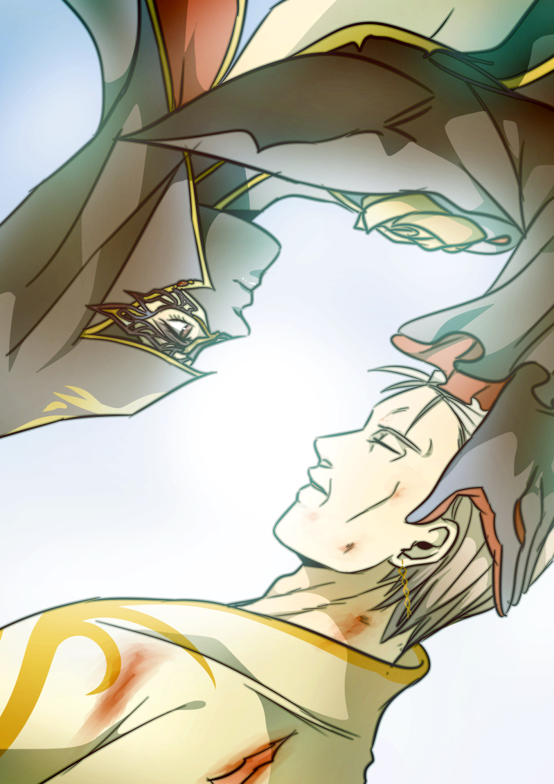 1boy, 1girl, bayonetta, death, earrings, father_balder, gloves, grey_hair