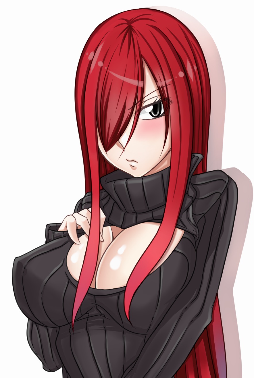 blush, breasts, cleavage, erect_nipples, erza_scarlet, fairy_tail, large_breasts, long_hair