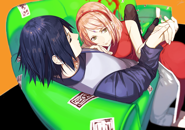 1boy, 1girl, black_hair, boruto:_the_movie, couch, couple, facial_mark, forehead_mark