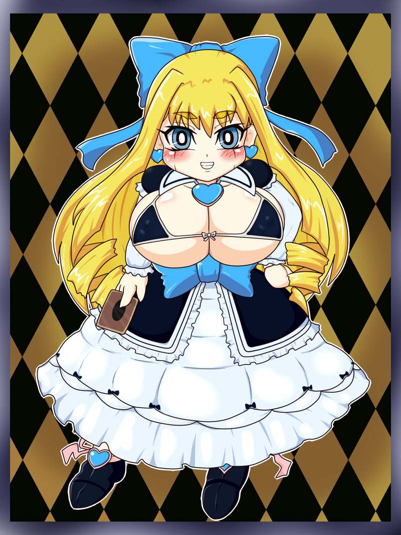 1girl, aqua_eyes, blonde_hair, blue_eyes, blush, bow, breasts, card