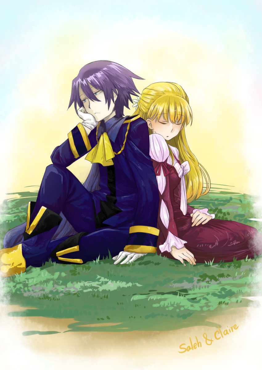 1boy, 1girl, blonde_hair, blue_eyes, boots, breasts, cape, claire_bennett