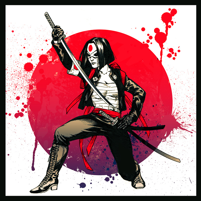 1girl, armband, dc_comics, dccu, domino_mask, kamome_shirahama, katana, katana_(dc)