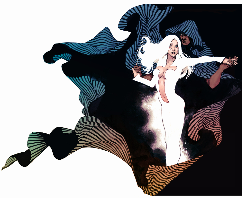 1boy, 1girl, breasts, cleavage, cloak, cloak_(marvel), dagger_(marvel), dark_skin