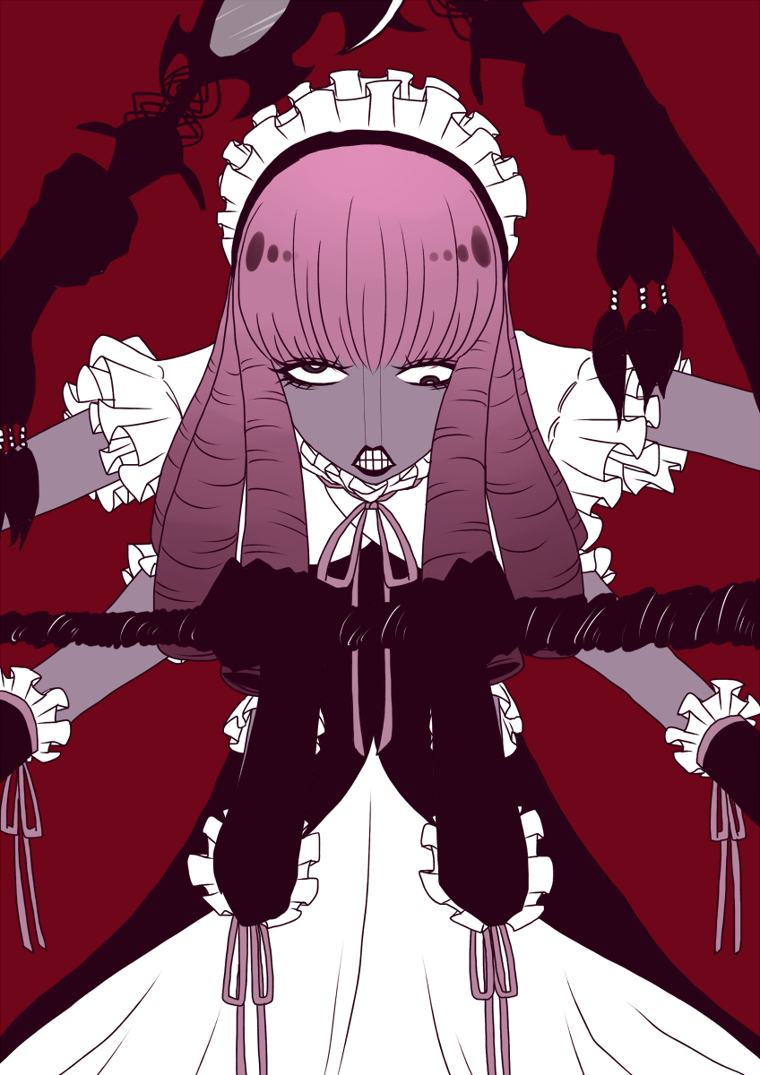creepy, dress, drill_hair, extra_limbs, headdress, lipstick, living_dead-m, long_hair